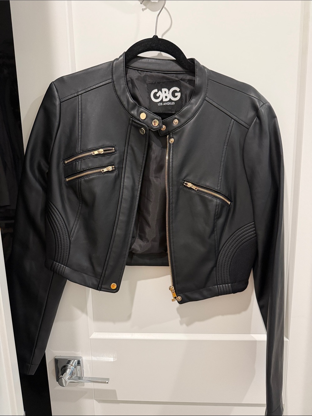 GBG Los Angeles Black Cropped Faux Leather Moto Jacket with Gold Hardware